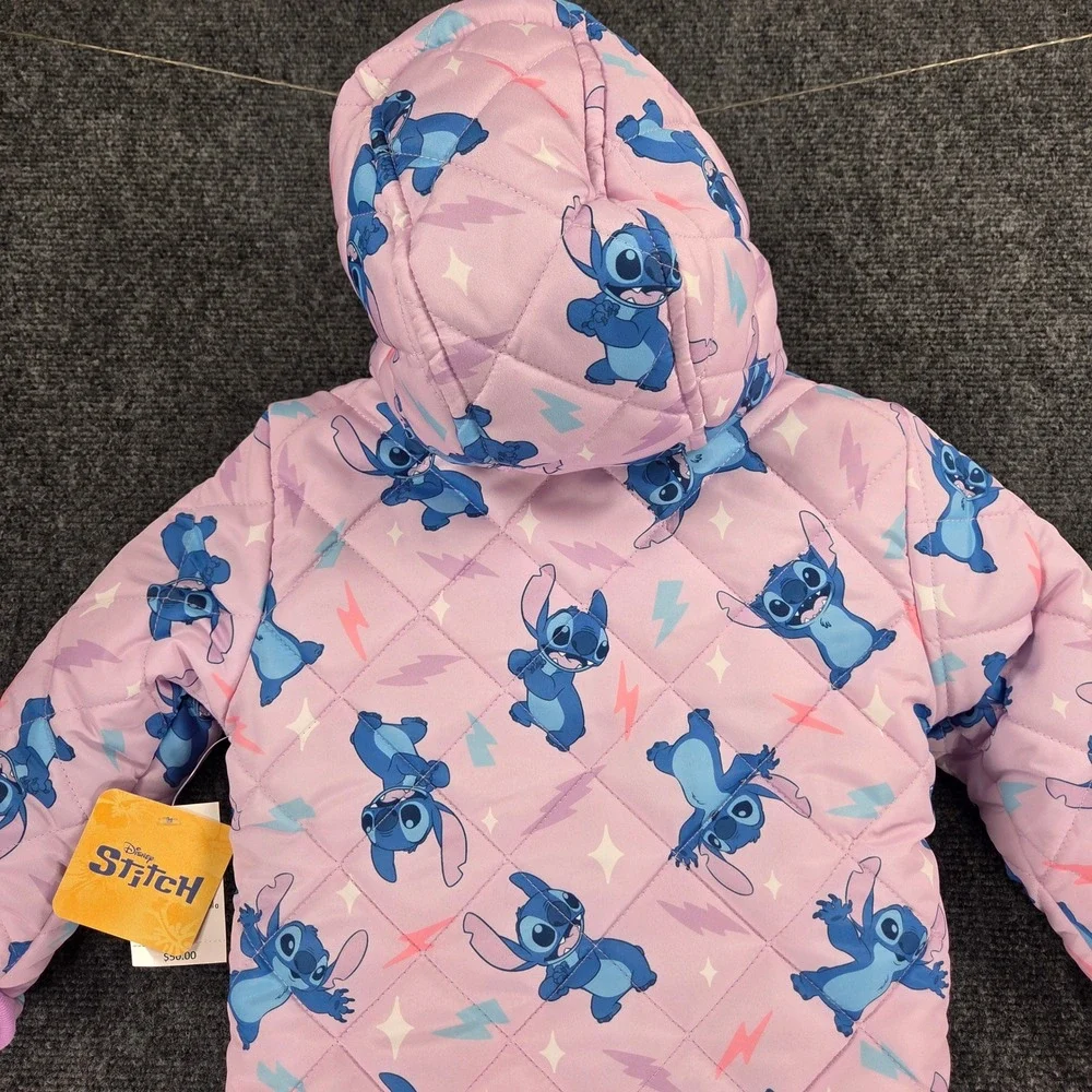 Disney Stitch Quilted Hooded Puffer Jacket Kids Size 3 Pink‎ Midweight NEW